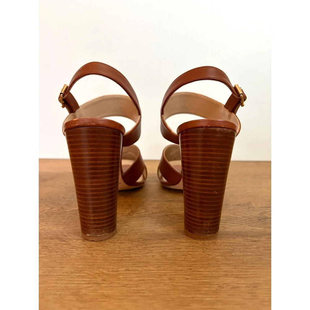 Manolo Blahnik Gorham Brown Leather Slingback Block Heel Sandals 38.5 8.5